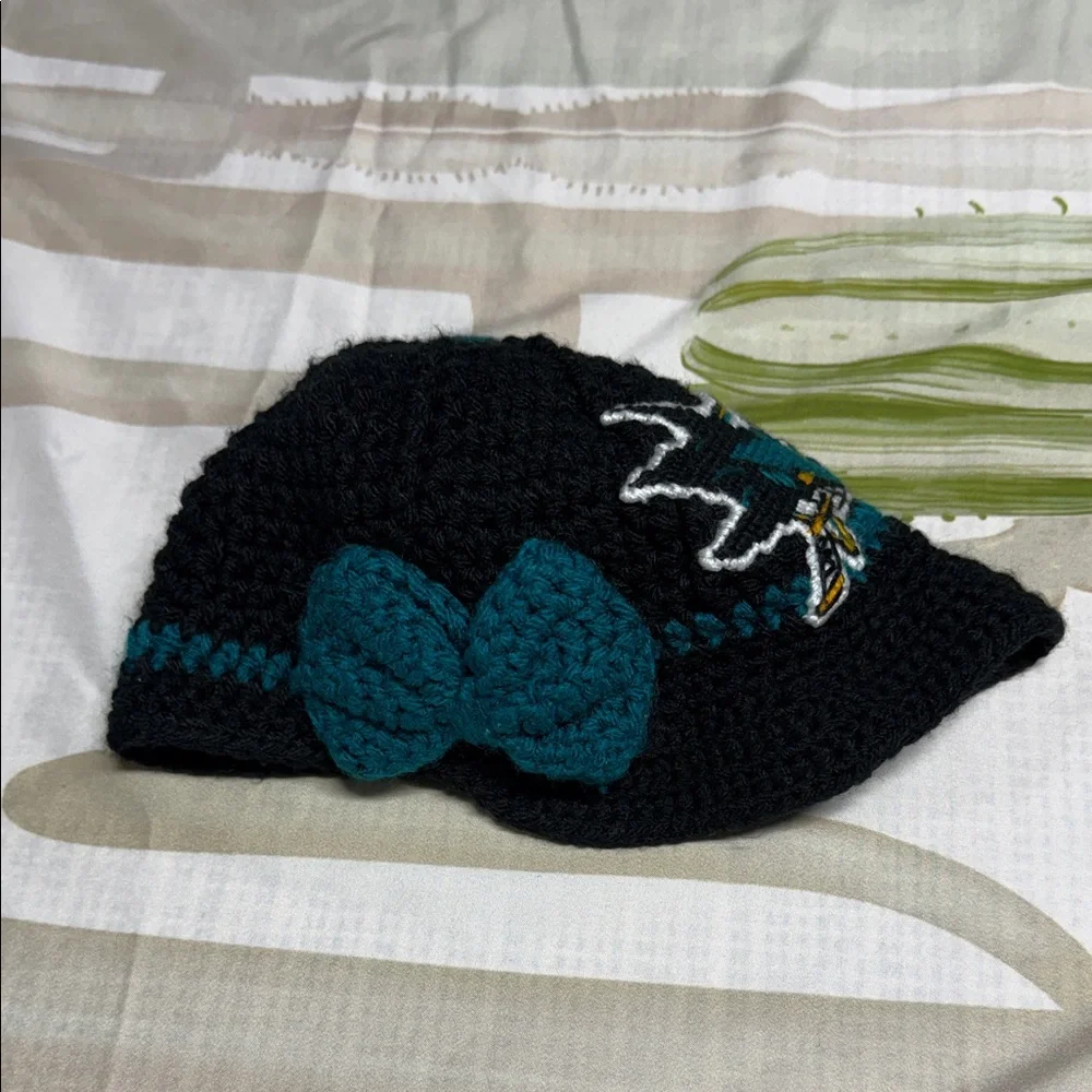 San José sharks handmade Black and Teal Crochet Cap with Bow for babies